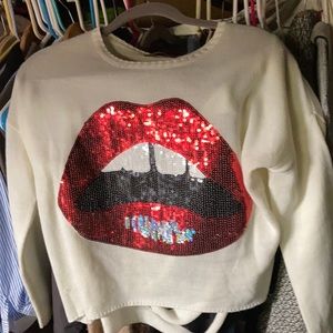 Sweater with Sequin Lips/Mouth and Slits in Back